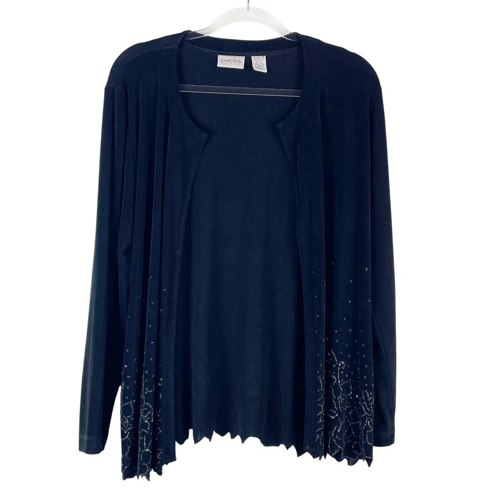 Chico's Travelers Women's Black Embellished Cardigan Top Slinky Size 2 Stretch